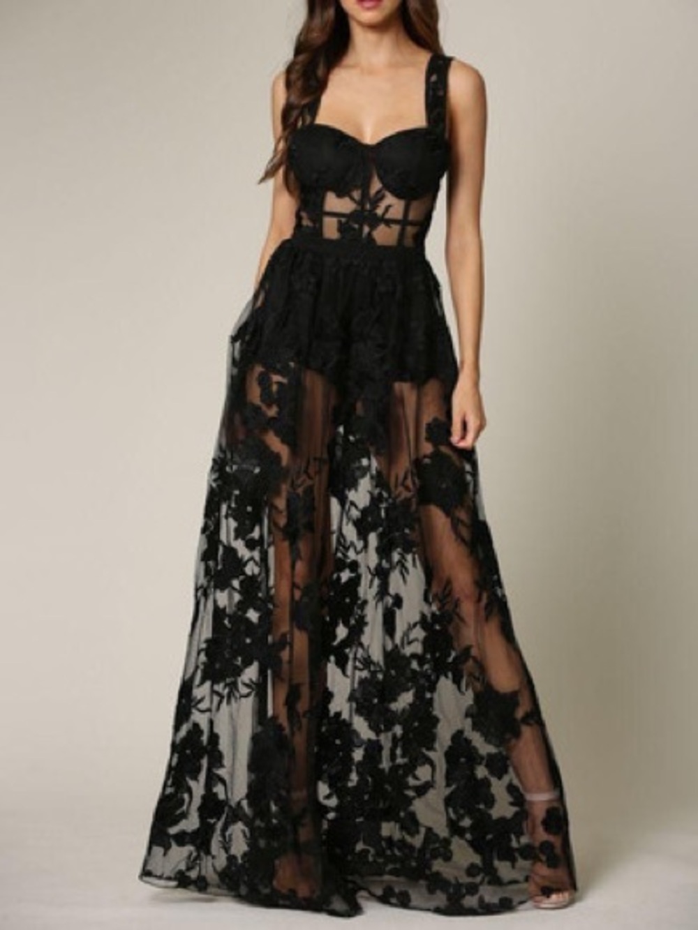 AKIRA Black Floral Lace Backless Dress